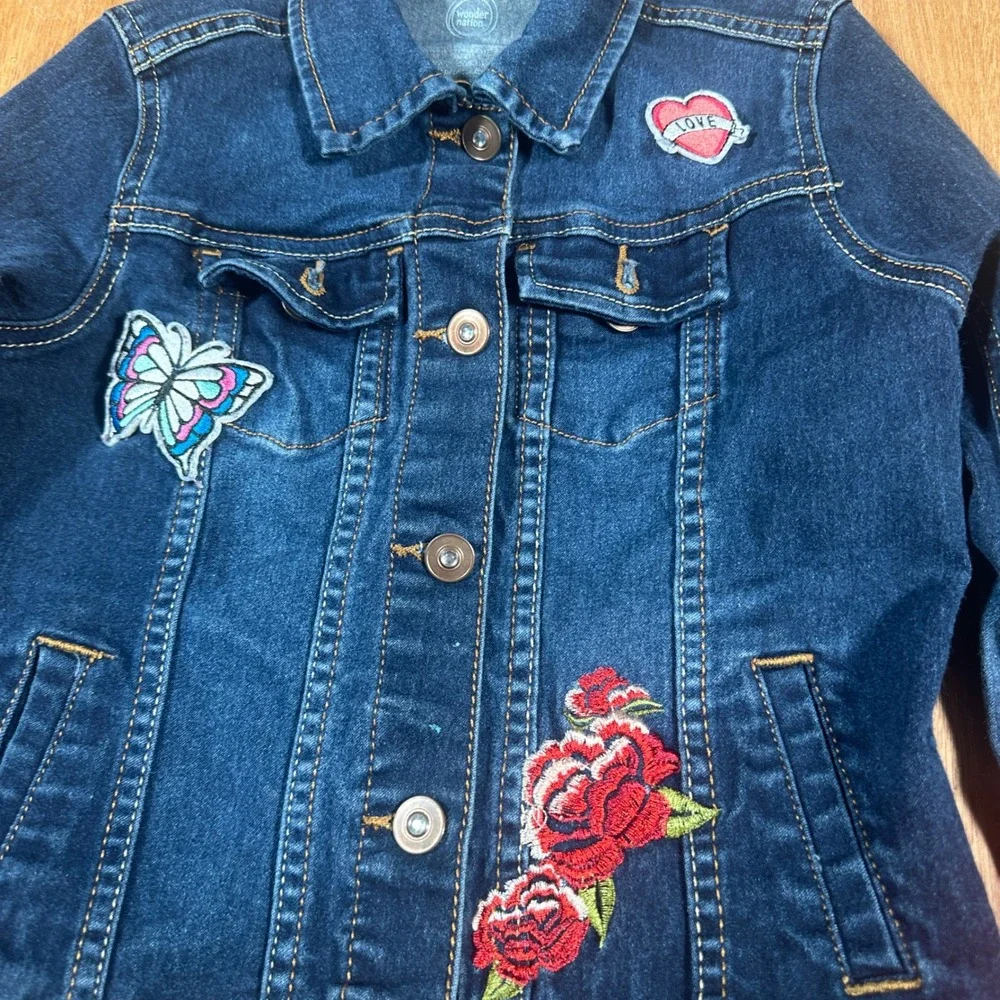Wonder Nation Denim Jacket Kids Size M 7-8 Blue Embroidered Butterfly Rose Heart